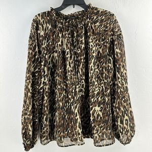 Walter Baker Womens Top XL Leopard Tie Front Blouse Long Sleeve Sheer‎ Ruffle